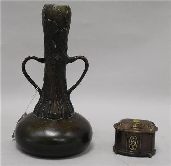 An Austrian bronze glass and micromosaic mounted box and a bronze vase